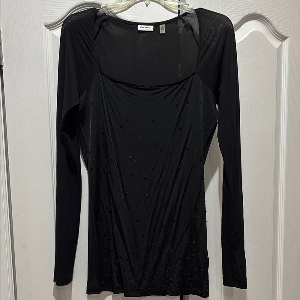 DKNYC M Black Fitted Bodysuit Blouse with sequins euc